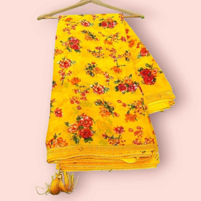 Majisasari Printed Bandhani Chiffon Saree(Yellow)