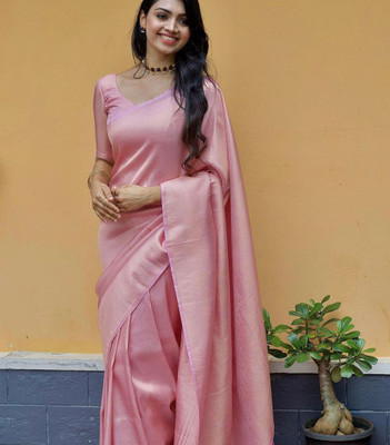 KRIYANSH Solid/Plain Kanjivaram Cotton Blend, Jacquard Saree(Pink)