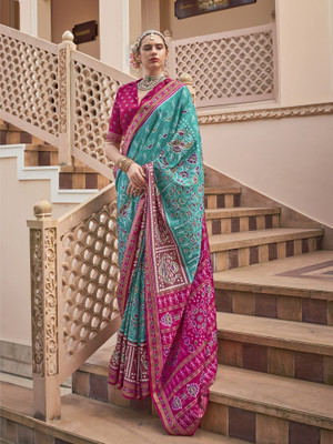 Elora Printed Patola Silk Blend Saree(Blue)