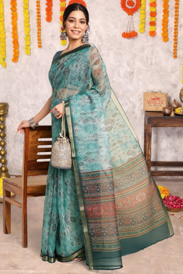 MIRCHI FASHION Printed, Geometric Print, Checkered Kota Doria Polyester Saree(Green, Dark Green)