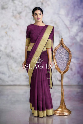 SLAGHA Solid/Plain Handloom Cotton Blend Saree(Purple)