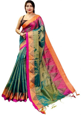 ANU INDIAN FASHION Woven, Self Design Handloom Cotton Blend Saree(Dark Green, Orange, Pink, Multicolor)