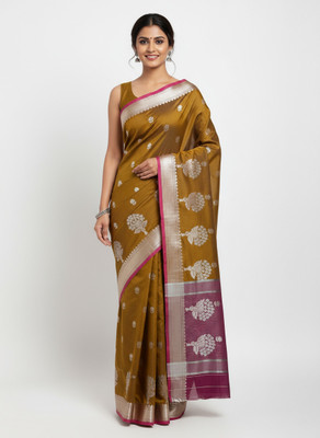 ANSARITRADERS Woven Banarasi Handloom Cotton Silk Saree(Brown, Magenta, Silver, Multicolor)