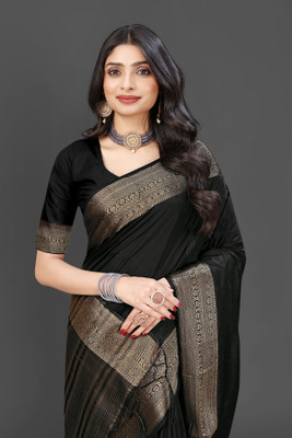 Aarunika BS Solid/Plain Bollywood Pure Silk Saree(Black)