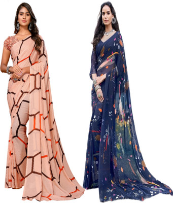 YASHIKA Printed Daily Wear Georgette Saree(Pack of 2, Brown, Blue)