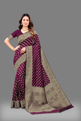 VIRDHI TEXTILE Printed, Self Design, Embellished, Woven, Floral Print, Blocked Printed Banarasi Jacquard, Silk Blend Saree(Purple)