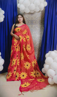 sdn Digital Print, Solid/Plain Bollywood Handloom Cotton Silk Saree(Red)
