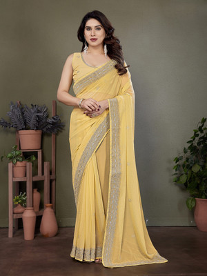LeeliPeeri Designer Embellished Bollywood Georgette Saree(Yellow)