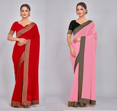 CastilloFab Woven Daily Wear Georgette Saree(Pack of 2, Red, Pink)