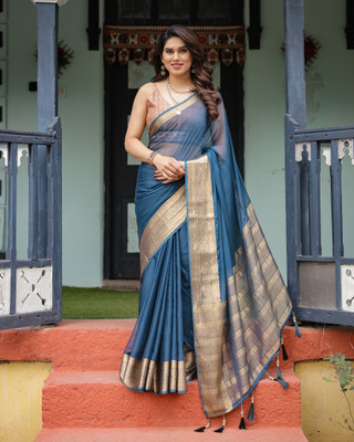 VISVASTA Solid/Plain Bollywood Chiffon, Jacquard Saree(Blue)