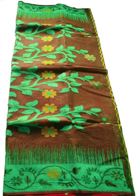 THE BULL Embroidered, Woven Jamdani Cotton Silk Saree(Multicolor, Green, Red)