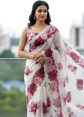 Krujha Digital Print, Embroidered Daily Wear Cotton Linen, Cotton Silk Saree(White)
