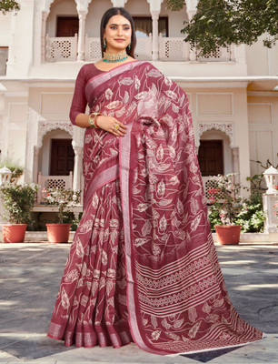 HouseOfCommon Printed Kanjivaram Pure Cotton, Cotton Linen Saree(Maroon)