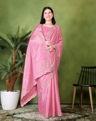 BORADA FAB Embroidered Saree with Attached Blouse Georgette Saree(Pink)