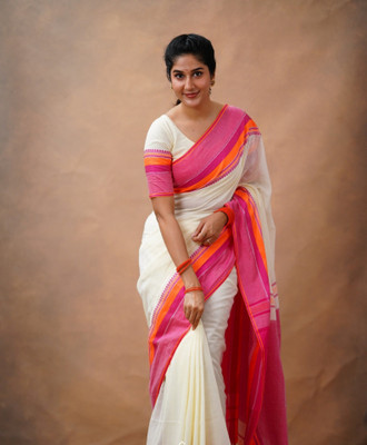 SAPTAK FASHION Printed Handloom Khadi Saree(White, Pink)