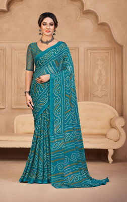 Swarne Geometric Print Bandhani Chiffon Saree(Green)
