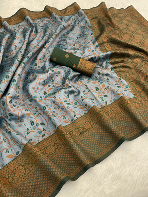 JATRIQQ Printed Banarasi Jacquard Saree(Light Blue)