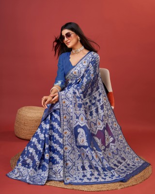 KHANJAN FASHION Floral Print, Geometric Print, Self Design, Woven Banarasi Pure Silk, Jacquard Saree(Blue)