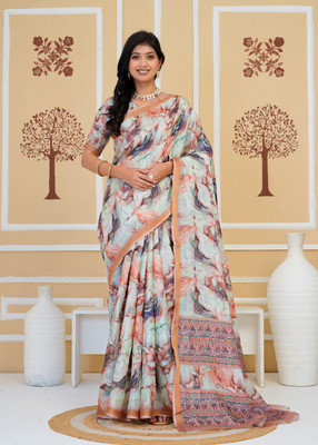 SHRIVAN FASHION Printed, Self Design Bollywood Cotton Blend Saree(White, Orange)