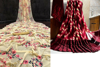 Sanjana Silk Floral Print Bollywood Georgette Saree(Pack of 2, Yellow)
