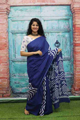 Handprinted Printed Daily Wear Cotton Blend Saree(Blue)