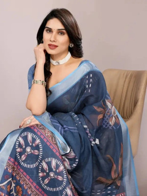 VCREATION Printed Bollywood Cotton Linen Saree(Dark Blue)