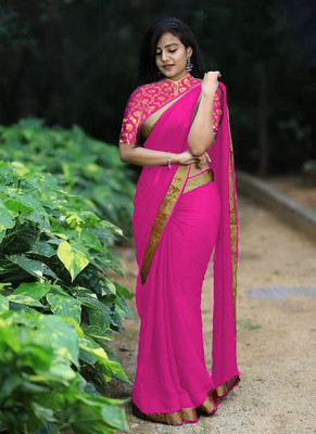 Sareez House Solid/Plain, Embellished Bollywood Georgette Saree(Pink)