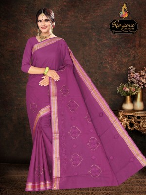 RANJANA CREATION Embroidered Tant Cotton Silk Saree(Purple)