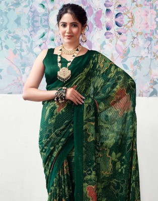 Samah Printed, Woven Bollywood Georgette Saree(Dark Green, Light Green)