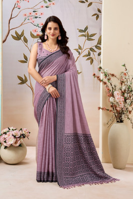 SWARAALI Hand Painted, Woven Daily Wear Cotton Linen Saree(Purple)