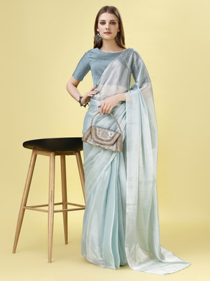 BAPS Solid/Plain Bollywood Chiffon Saree(Blue)