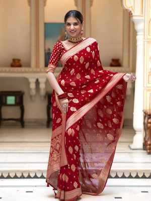 Luxury Silk Woven Bhagalpuri Silk Blend Saree(Red)