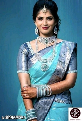 UK WORLDS Woven, Dyed, Solid/Plain Banarasi Silk Blend, Jacquard Saree(Blue)