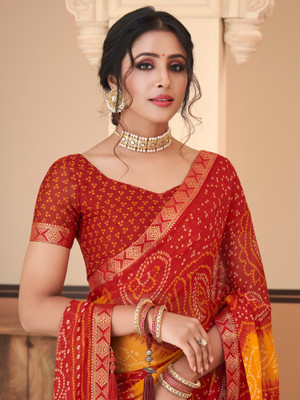 Sareemall Embellished Bandhani Chiffon Saree(Red)