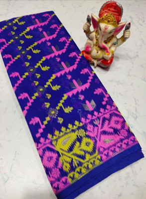 Soma Tant saree Mahal Self Design, Woven, Geometric Print Handloom Cotton Silk Saree(Dark Blue)