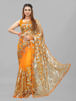 Barkiya Creation Embellished Bollywood Net Saree(Orange)