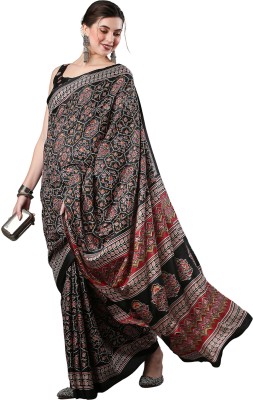 Akhilam Printed Daily Wear Silk Blend Saree(Black)