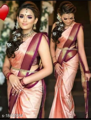 Hashir textile Temple Border Paithani Cotton Silk Saree(Brown)