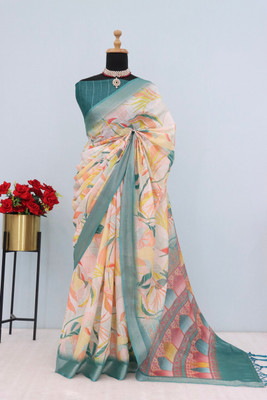 Laxmi Fashion Printed, Floral Print Assam Silk Jacquard, Cotton Silk Saree(Beige, Blue, Multicolor)