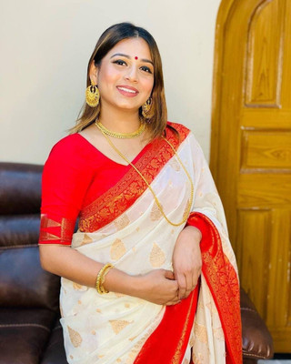 ZILVIRA Woven Kanjivaram Jacquard, Art Silk Saree(Red, White)