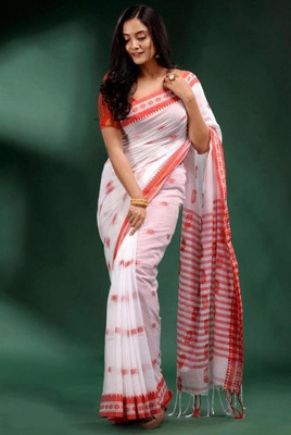 SSK Striped, Embroidered, Woven Bollywood Handloom Cotton Blend Saree(White)