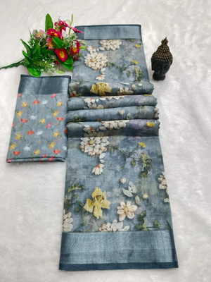 HouseOfCommon Printed Bollywood Cotton Silk, Pure Cotton Saree(Grey)