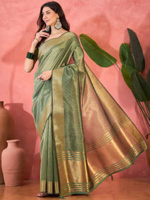 Sangria Self Design Saree with Attached Blouse Organza Saree(Green)