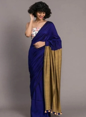 SARKARETHNIC Solid/Plain Handloom Handloom Pure Cotton Saree(Blue, Yellow)