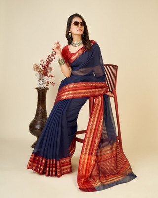 JIADIA Woven Kota Doria Cotton Silk Saree(Dark Blue)