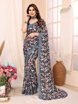 Moda Rapido Printed, Self Design Daily Wear Georgette Saree(Blue)
