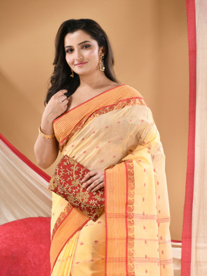 Desh Bidesh Self Design Jamdani Pure Cotton Saree(White, Red)