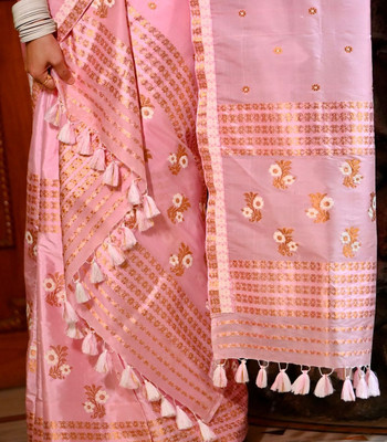 vrajnetic Woven Mekhela Chador Pure Silk Saree(Pink)