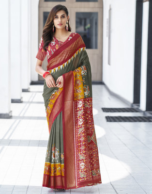 Samah Geometric Print, Printed Patola Art Silk, Silk Blend Saree(Brown, Red)