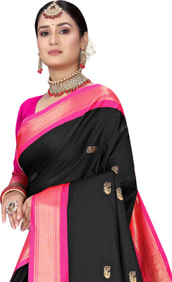 NST5 Woven Paithani Cotton Silk Saree(Black, Pink)